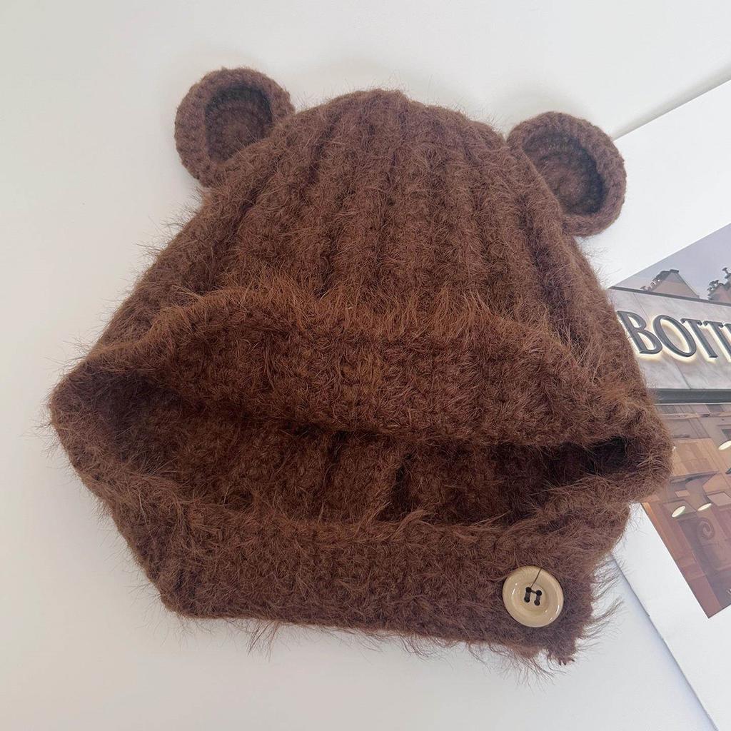 Sweet and cute bear ears knitted plush hat for women's autumn and winter new ear protection, cold protection and warmth Lei Feng hat
