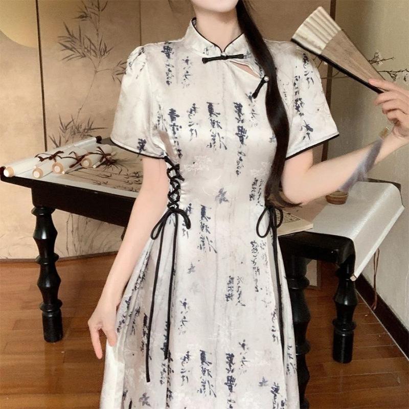 Summer Vintage Stand Collar Bandage Lace Up Dress Ladies Elegant Fashion Hollow Out A-line Robe Women Y2K Short Sleeve Vestidos