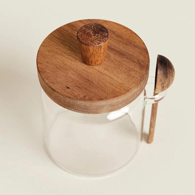 Glass Pot Kitchen Food Grade Sealed Glass Jar Coffee Powder Seasoning Storage Jar Acacia Wood Honey Jar