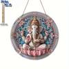 2D Flat Surface Indian Sacred Wood Hanging Sign- Auspicious Deity Wall Art, Exquisite Floral Design, Round Wood Plaque, Used for Home and Office