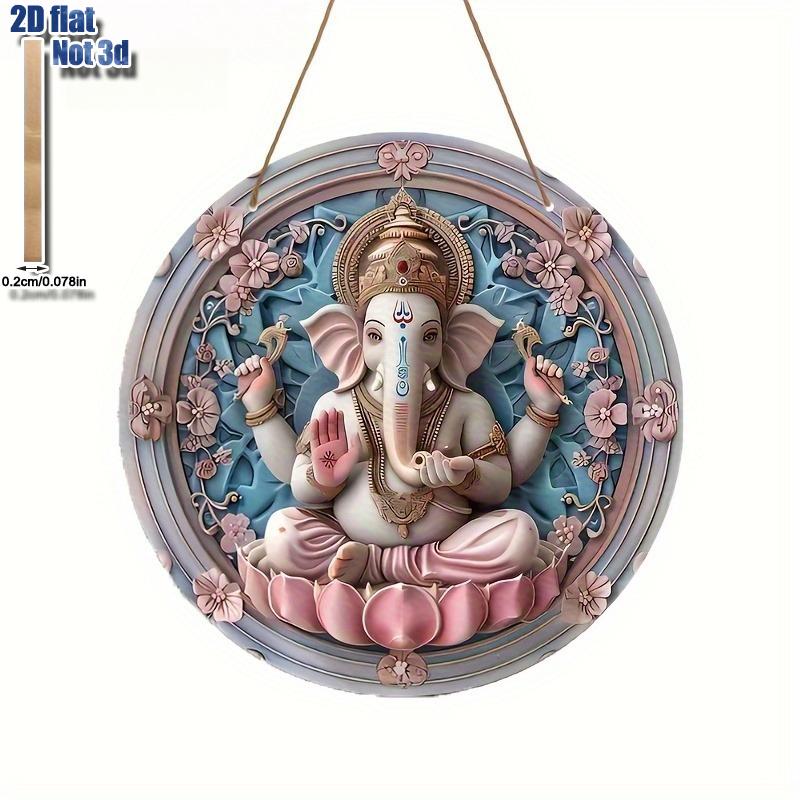 2D Flat Surface Indian Sacred Wood Hanging Sign- Auspicious Deity Wall Art, Exquisite Floral Design, Round Wood Plaque, Used for Home and Office