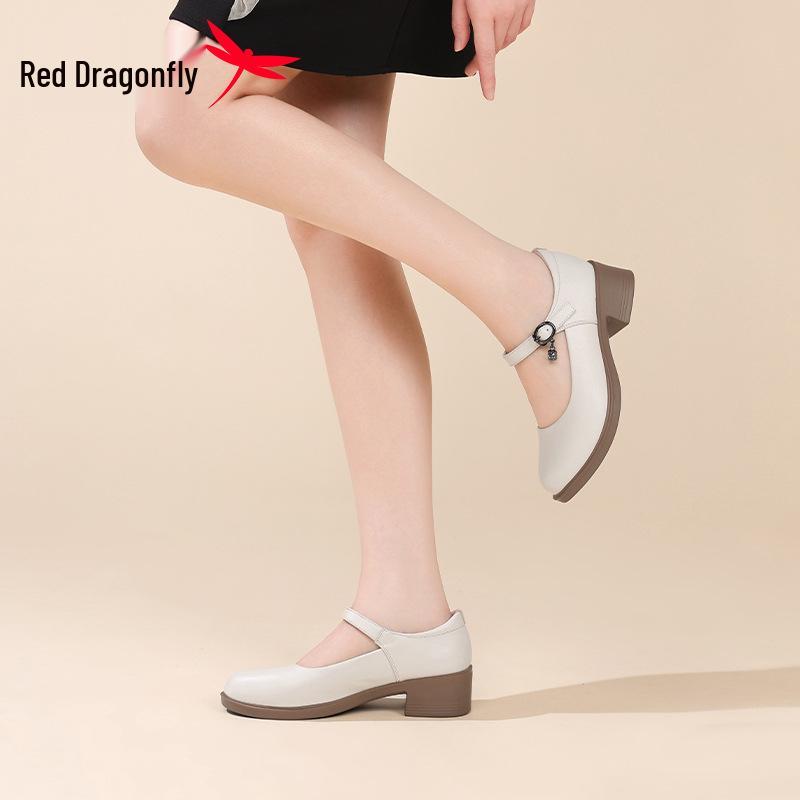 Red Dragonfly Women's Genuine Leather Mary Jane Loafers - Chunky Heel, Shallow Cut, Perfect for Spring and Autumn.