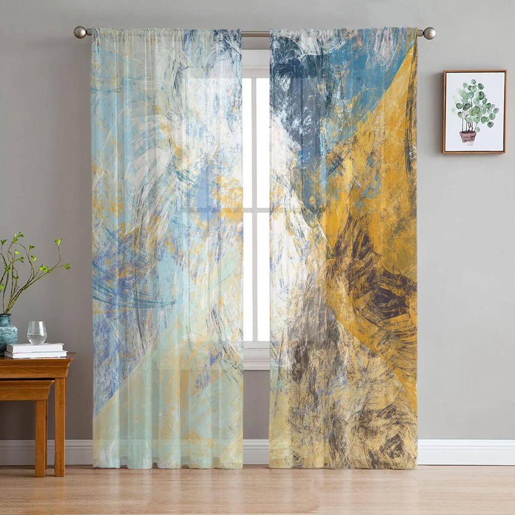 Art Line Retro Style Shabby Whirlpool Chiffon Sheer Curtains for Living Room Bedroom Decoration Window Voiles Tulle Curtain