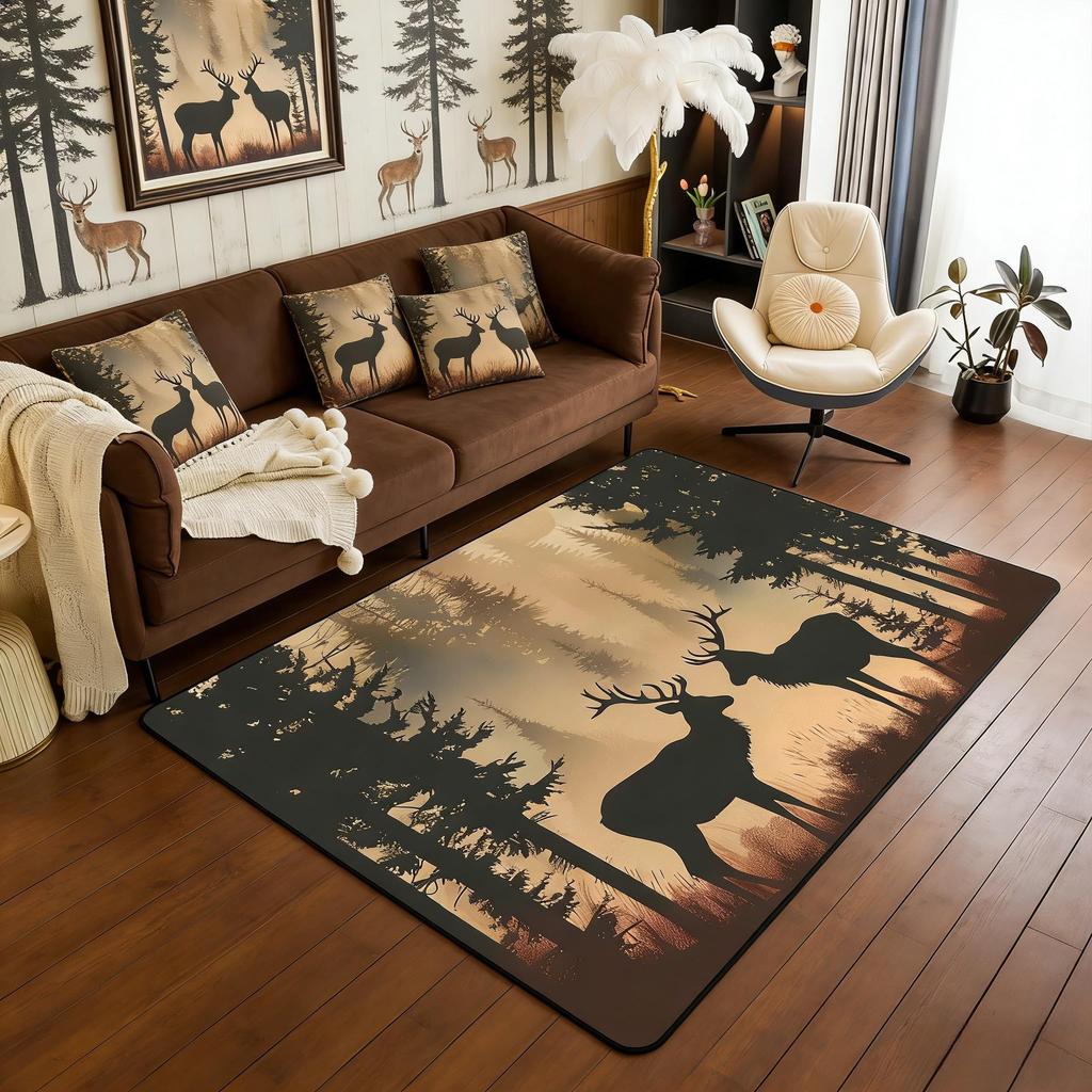 Erosebridal Farmhouse Deer Area Rug 5x7 for Living Room Camo Woodland Hunting Rugs for Bedroom Rustic Cabin Carpet Non Slip Wildlife Animal