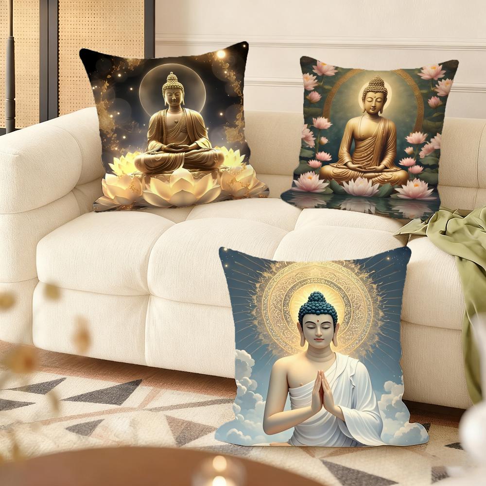 Buddha Statue And Lotus Cushion Cover Silky Short Plush Sofa Pillow Cover Hidden Zipper Soft Dustproof Case For Home Decor