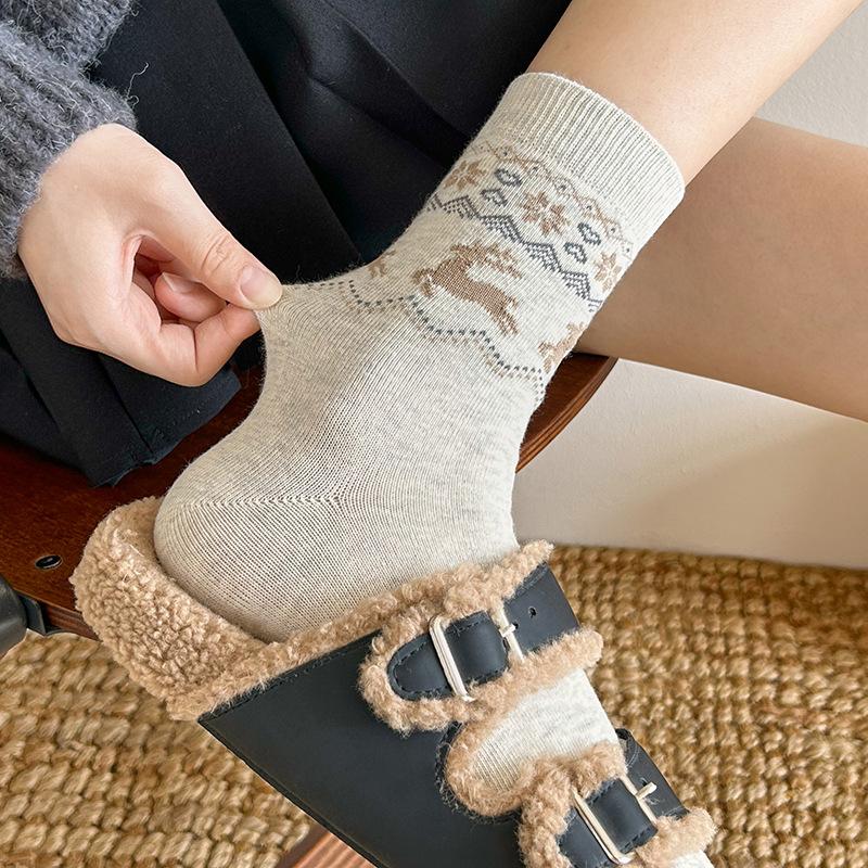Socks Pure Cotton Tube Socks Season Retro Small Snowflake Elk Cotton Boneless Stacking Socks