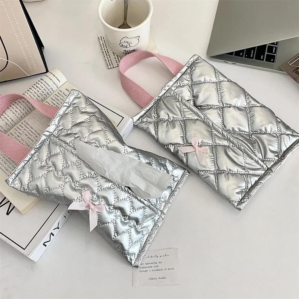 Silvery Bow Flip Cover Tissue Box Wet Wipes Case Car Hanging Bag Portable Paper Holder Removable Napkin Storage Case Home Decor