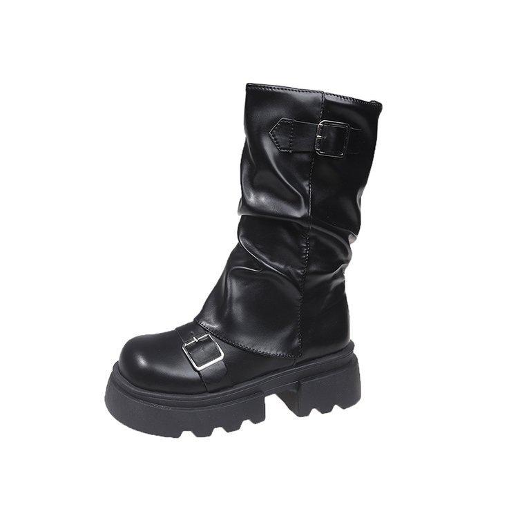 British Martin boots women's autumn 2025 new brown thick-soled heightening belt buckle boots stacking pants tube boots