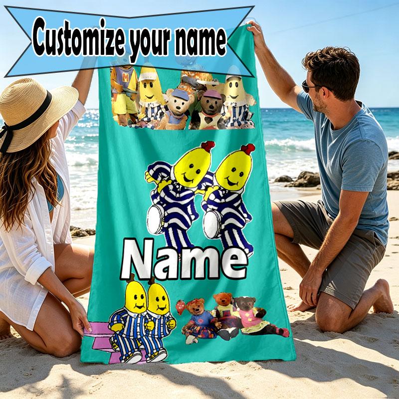 Custom Name Personalized Bananas in Pyjamas Print Beach Towel, for Trip Camping Beach Party Home Decor, Birthday Gift for Family & Friends