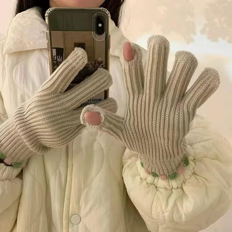 Jelly bean wool knitted gloves, winter women's thick fingers can be exposed to keep warm, five fingers cycling