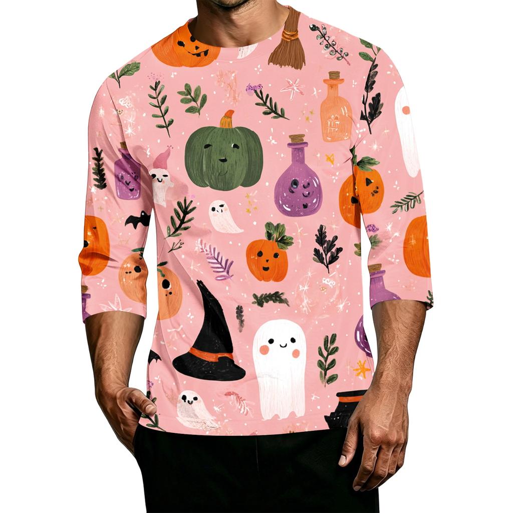 Men's Casual Halloween Print Crew Neck T Shirt Three Quarter Sleeve Top Comfortable Fit Lightweight Fabric Stylish Design