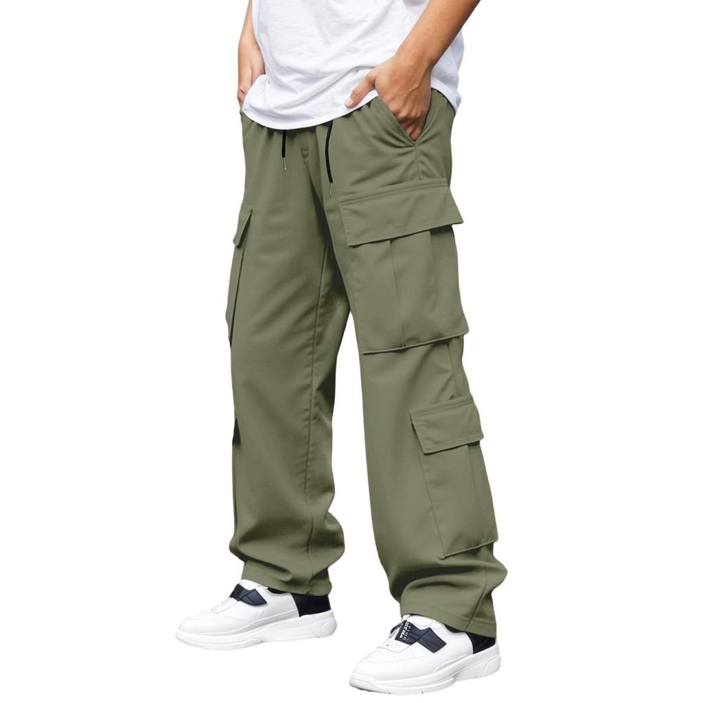 Men's Multi-Pocket Cargo Drawstring Hiking Pants, Loose Fit Casual Athletic Trousers
