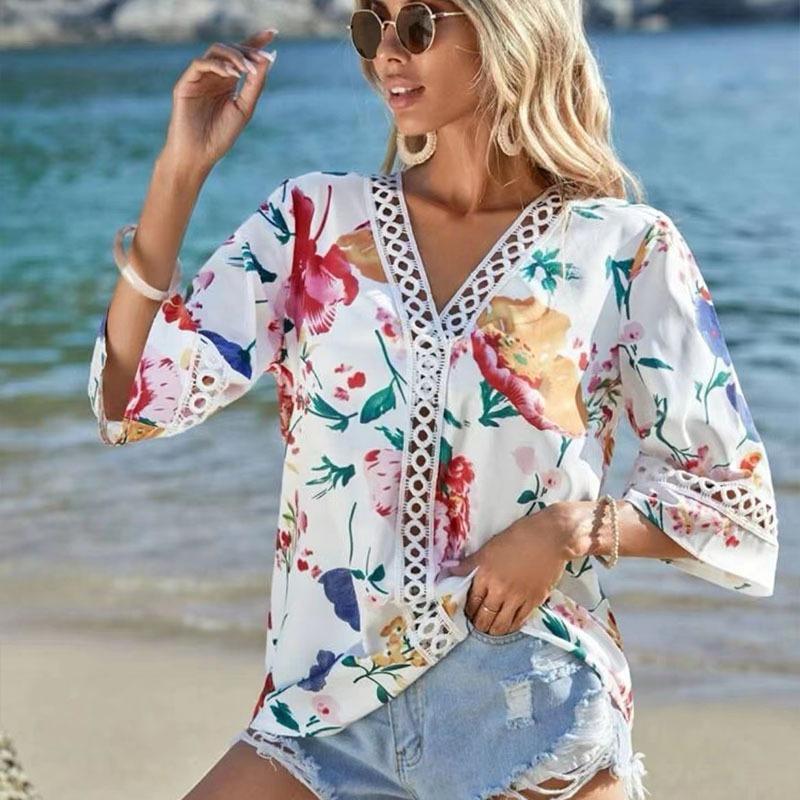 Women's Summer New Loose Type V-neck Temperament Commuter Flare Sleeve Lace Blouse Chiffon Shirt