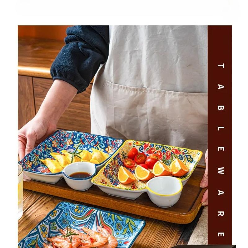 Dumpling Plate with Dipping Sauce Plate Ceramic Household Creative High-Appearance Level Tableware Divided Breakfast Fruit Plate