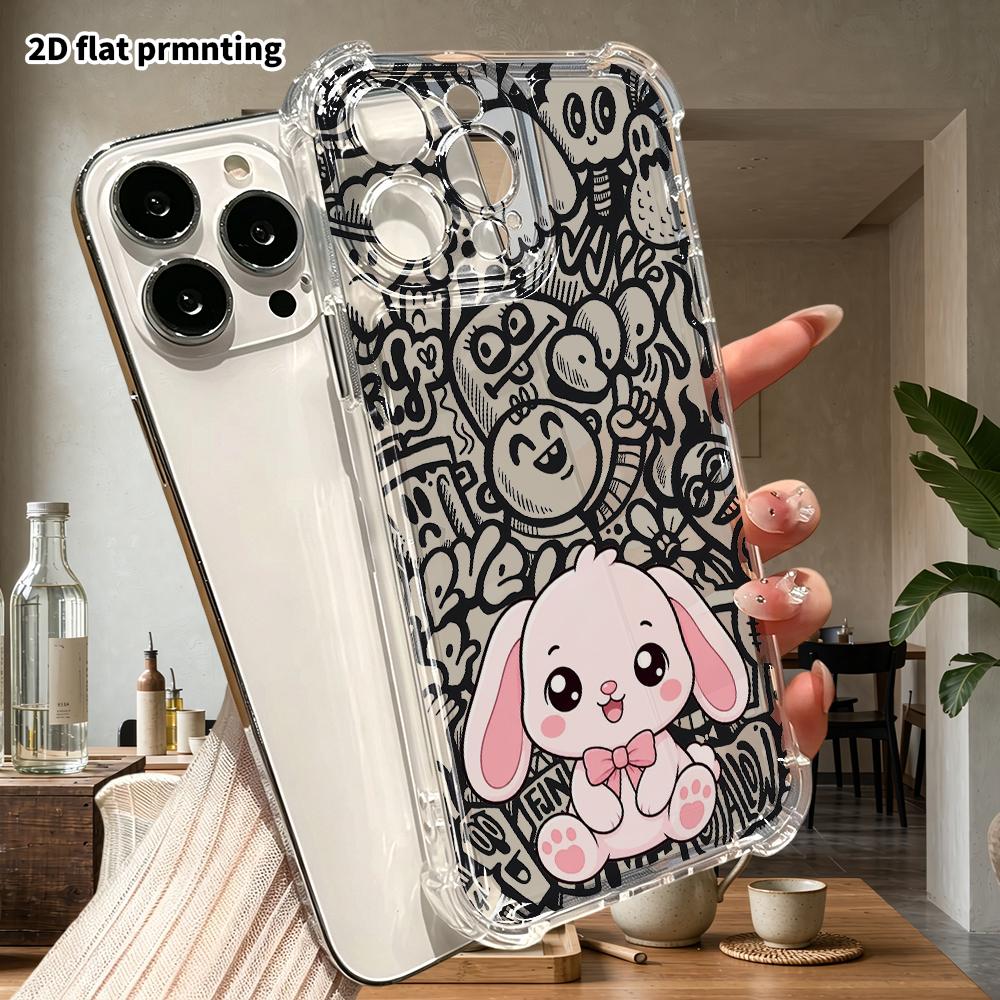 Phone Case: 2D Flat Suitable for iPhone 18 17 16 15 14 13 Pro, Transparent Four Corner Protective Case, Pink Drooping Eared Rabbit, Christmas and Hall