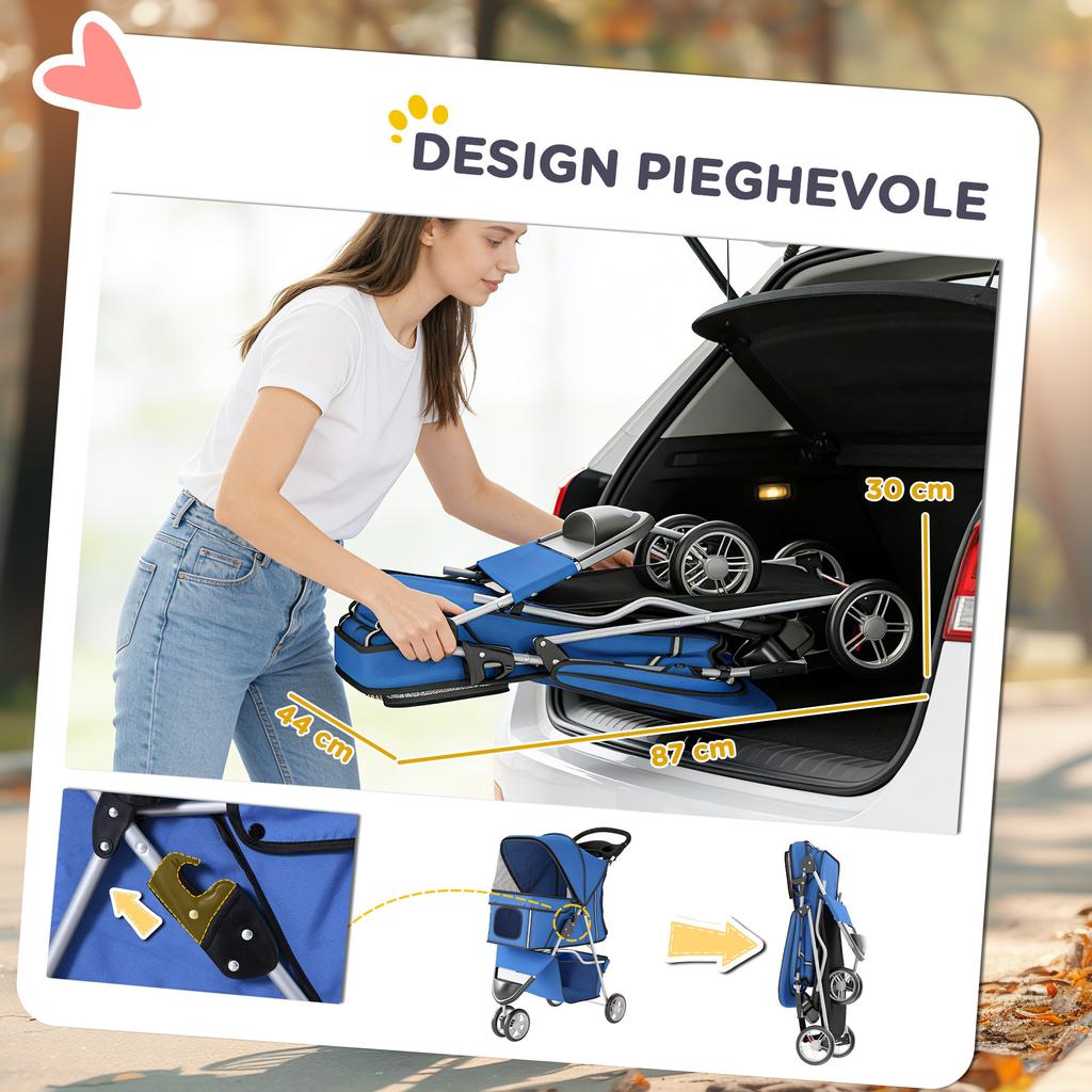 Folding Dog Stroller with Cup Holder and Basket, 77x44x102 Cm, Blue