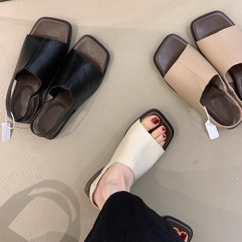 

3 cm thick-soled one-word sandals retro temperament elegant simple versatile open-toed shoes 35 хакі