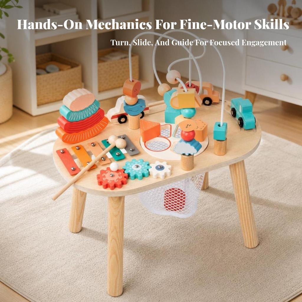 Wooden Activity Table with Bead Maze Educational for Playroom, Little Ones