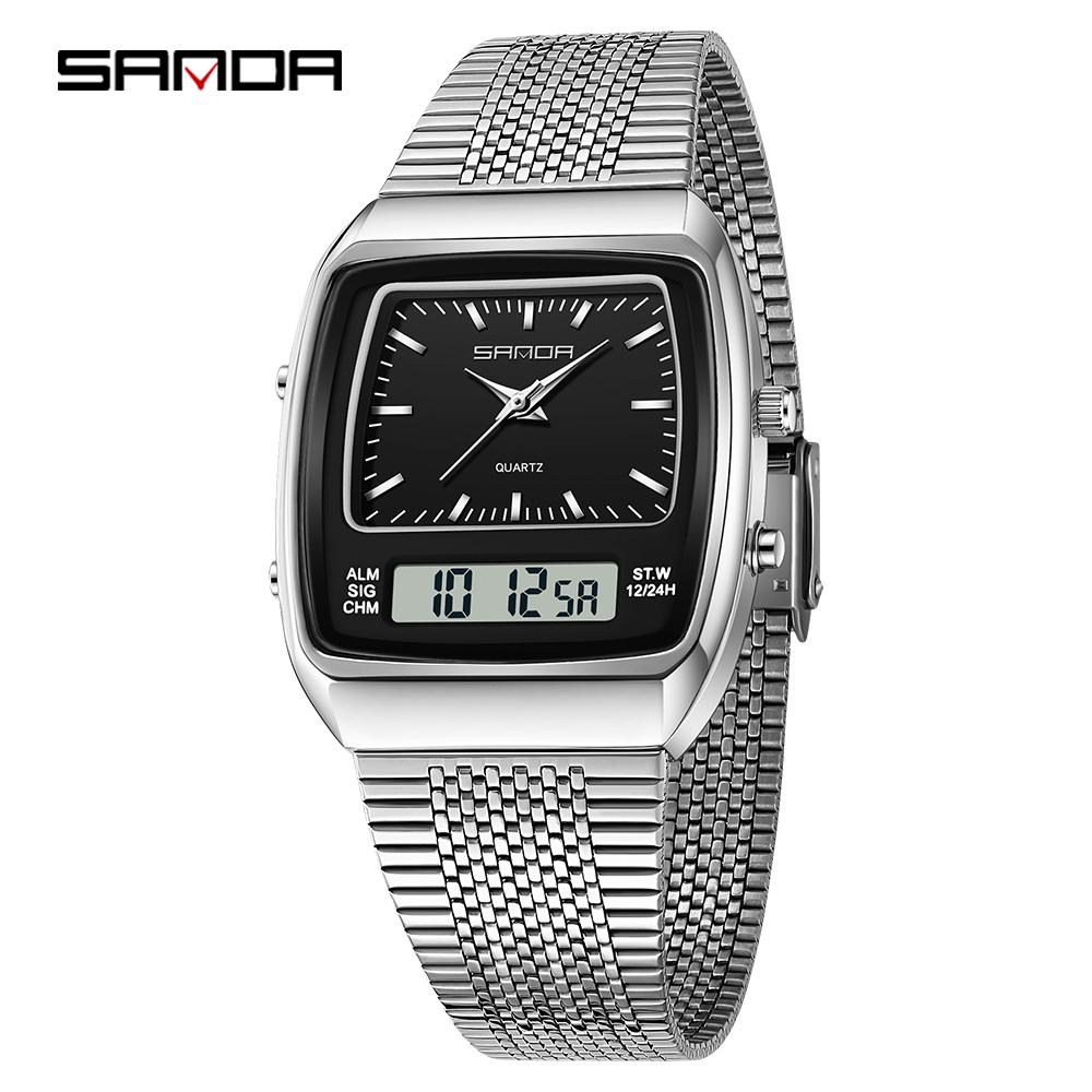 Fashion Sanda 3393 Electronic Quartz Watch Multifunction Dual Display Clock Luminous Casual Mens Women Unisex Time Digital Watch
