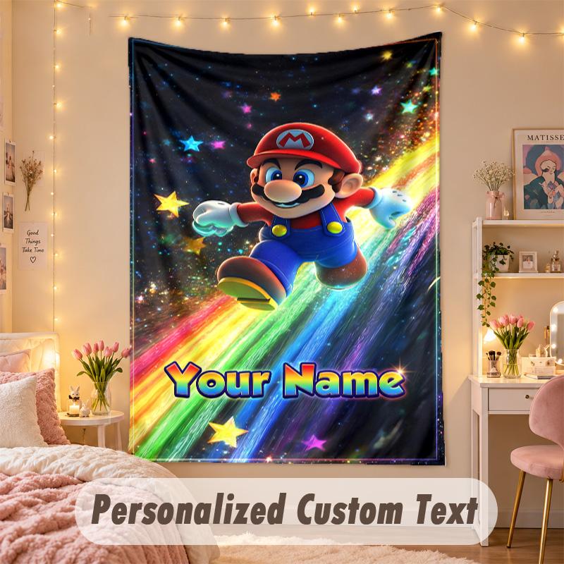 Custom Personalized Tapestry,Super Mario Print Custom Name Text Wall Art Hanging for Bedroom