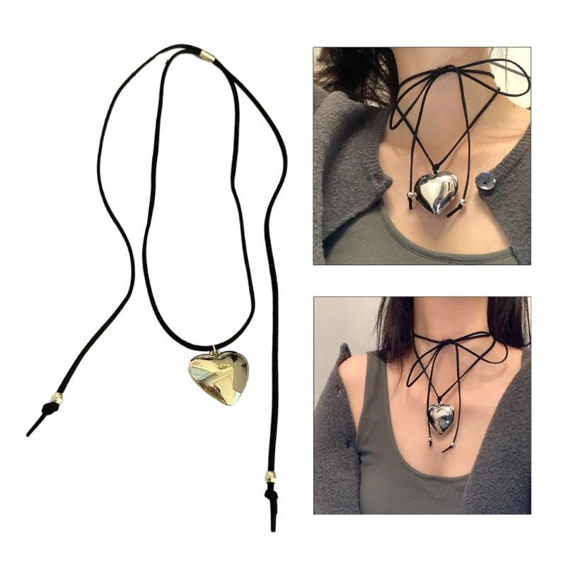 Heart Pendant Collar Necklace Neck Tie Clavicle Chain Necklace Long Rope Bow-Tie Choker Necklace Fashion Jewelry