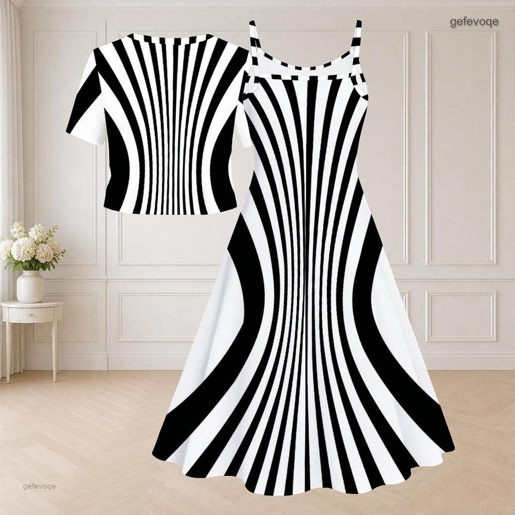 Women Plus Size Two Piece Dress Set Short Sleeve V Neck Tie Front Shrug Black White Printed Flared Dress