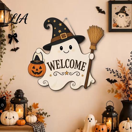 Halloween Party Decor Wooden Ghost Welcome Sign for Front Door, Rustic Cartoon Hanging Door Hanger Plaque with Pumpkin Wizard Hat And Broom