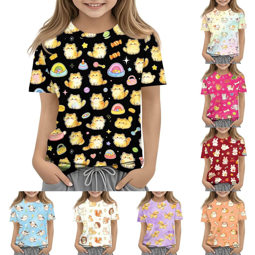 Kids Animal Print Crew Neck Short Sleeve T Shirt Casual Loose Fit Top Soft Comfortable Fabric Suitable for Everyday Wear
