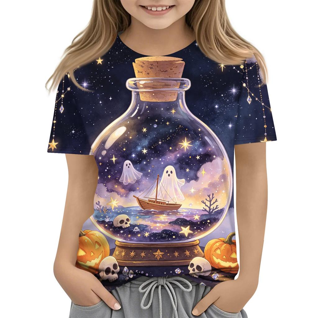 Kids Halloween Print Short Sleeve T Shirt Round Neck Casual Top Boys Girls Comfortable Fit Lightweight Fabric Soft Material