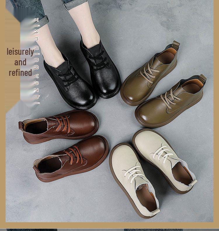 Retro Style Leather Ankle Boots for Wide Feet - Chunky Heel & Thick Sole