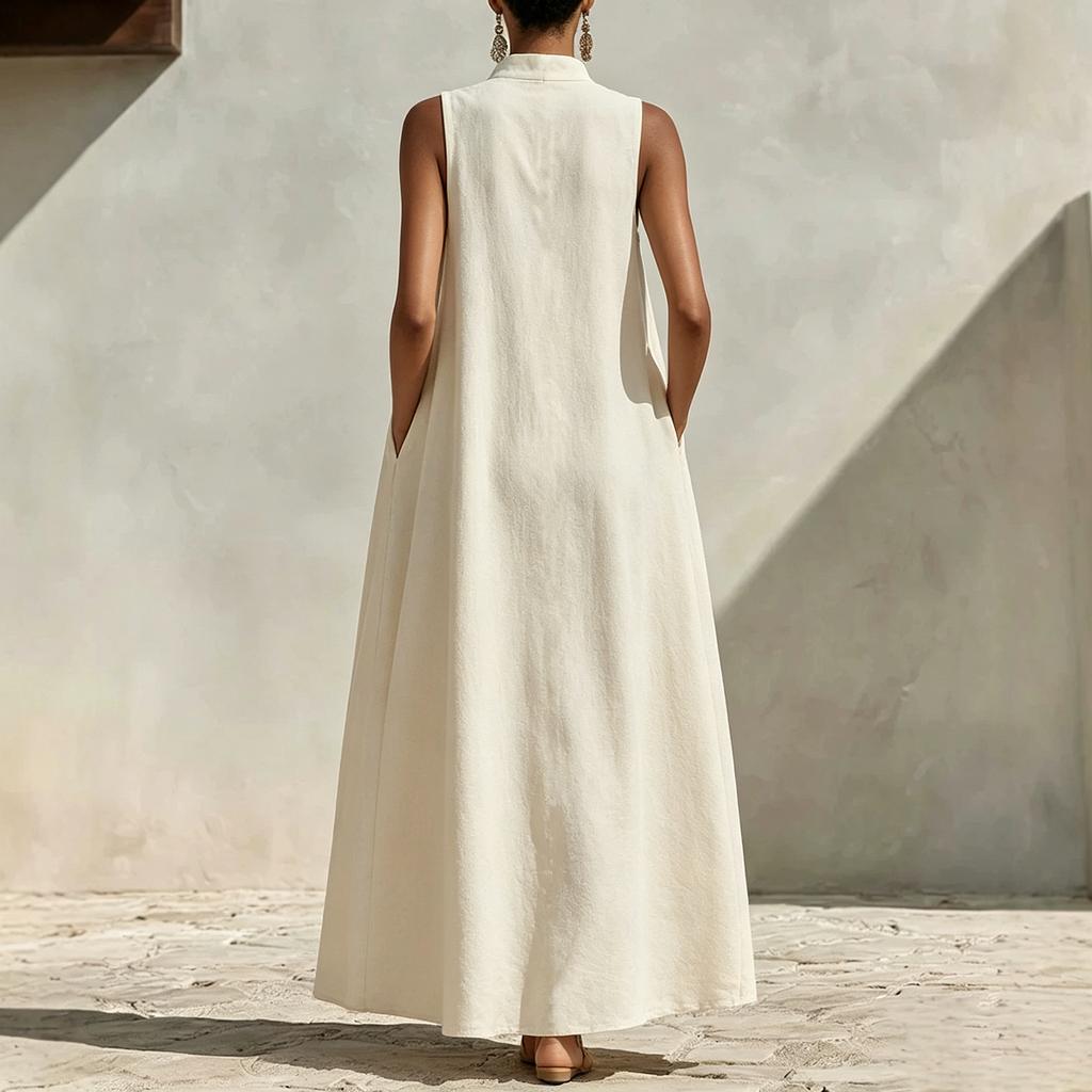 Women Sleeveless Maxi Dress V Neck Loose Fit Wide Swing Casual Summer Vacation Long Dress with Pockets