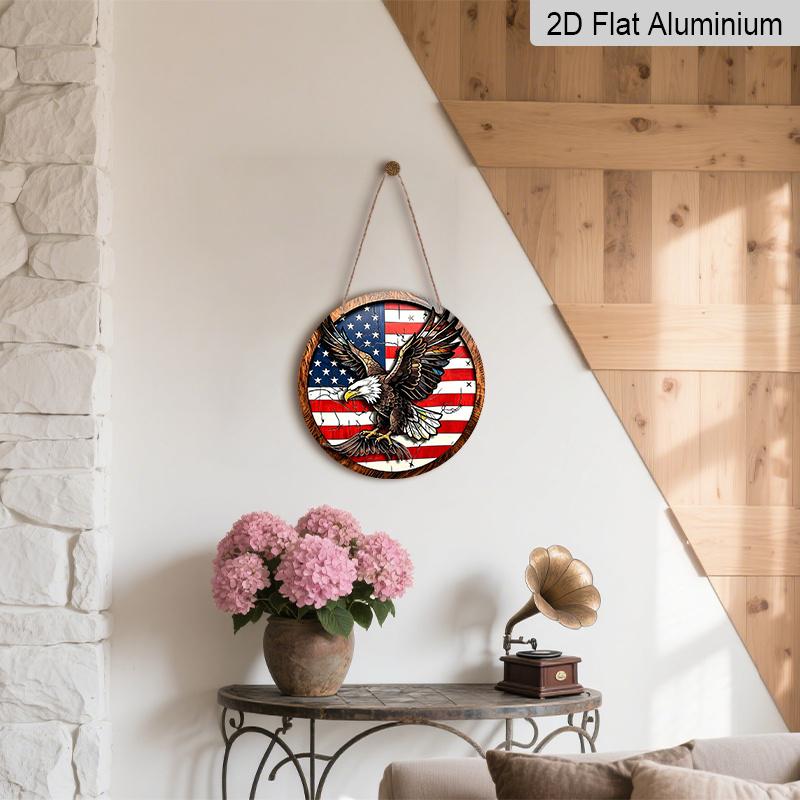 2D Flat Retro Round Aluminum Wall Hanging, Independence Day Flying Eagle Design, Indoor Outdoor Wall Decor, Home Commemorative Gift