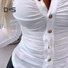 Elegant Women Solid Color Shirt Lapel Long Sleeve Office Tops Pleated Single Breasted Blouse Workwear