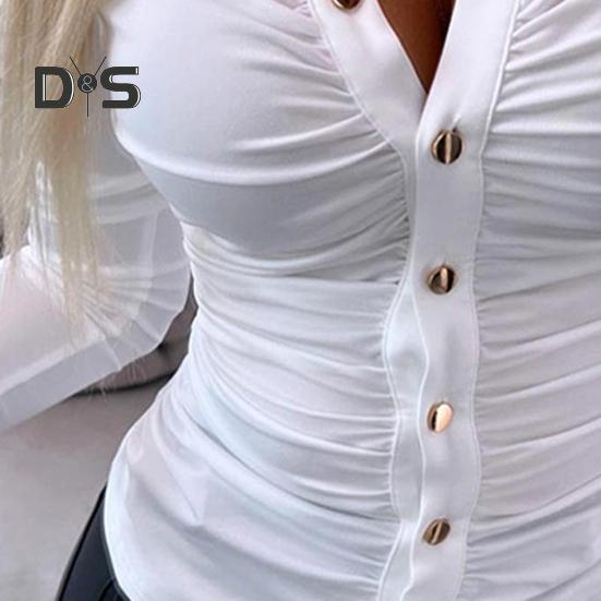 Elegant Women Solid Color Shirt Lapel Long Sleeve Office Tops Pleated Single Breasted Blouse Workwear