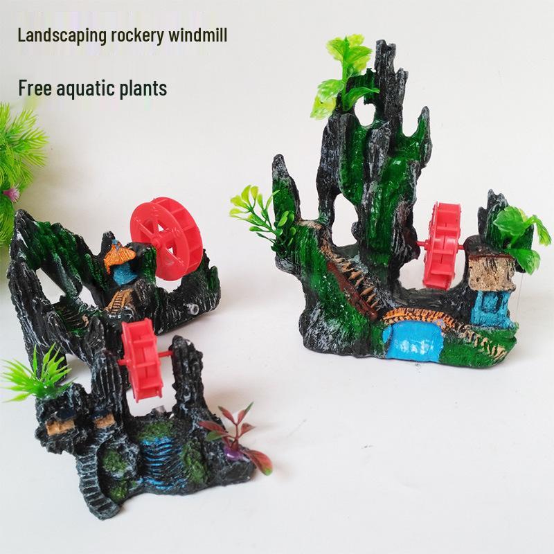 Aquarium Windmill Rockery: Rotatable Resin Stone Decoration for Fish Tanks. Connects to Air Pump.