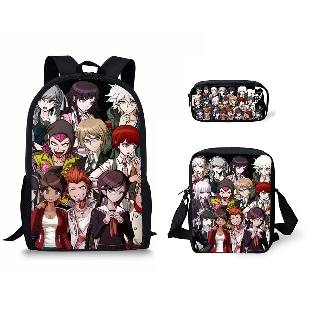 Classic Danganronpa Pattern 3D Print 3pcs/Set Pupil School Bags Laptop Daypack Backpack Inclined Shoulder Bag Pencil Case