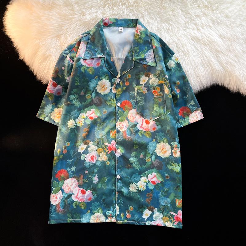 Unisex Vintage Kubakrage Blomsterskjorte - Løs passform, Hong Kong-stil, Kort erm, Perfekt for strand og par