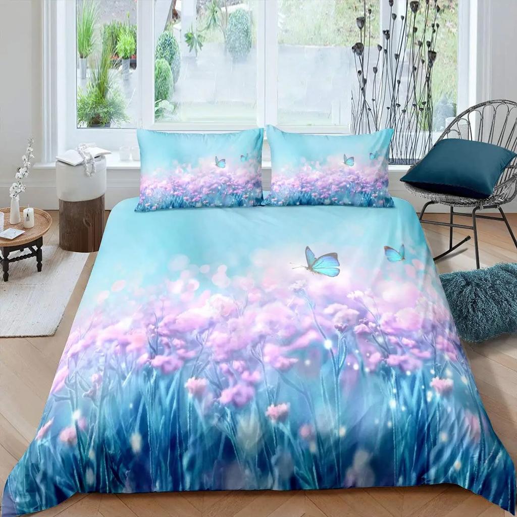 Lavender King Queen Duvet Cover Purple Flower Butterfly Bedding Set Abstract Marble Floral Comforter Cover Polyester Quilt Cover