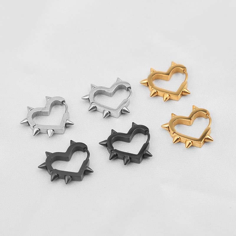 Stainless Steel Silver Color Spike Rivet Heart Hoop Earrings For Women Men Punk Metal Geometric Piercing Ear Buckle Jewelry