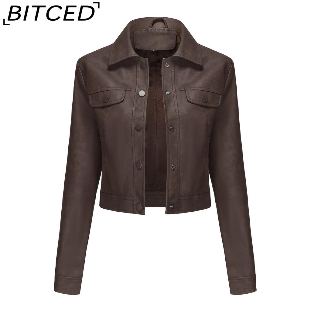 BITCED Spring/Autumn Lightweight Leather Jacket for Women Multi-Pocket Cardigan Style Casual Jacket Fashionable Trendy Everyday Outerwear
