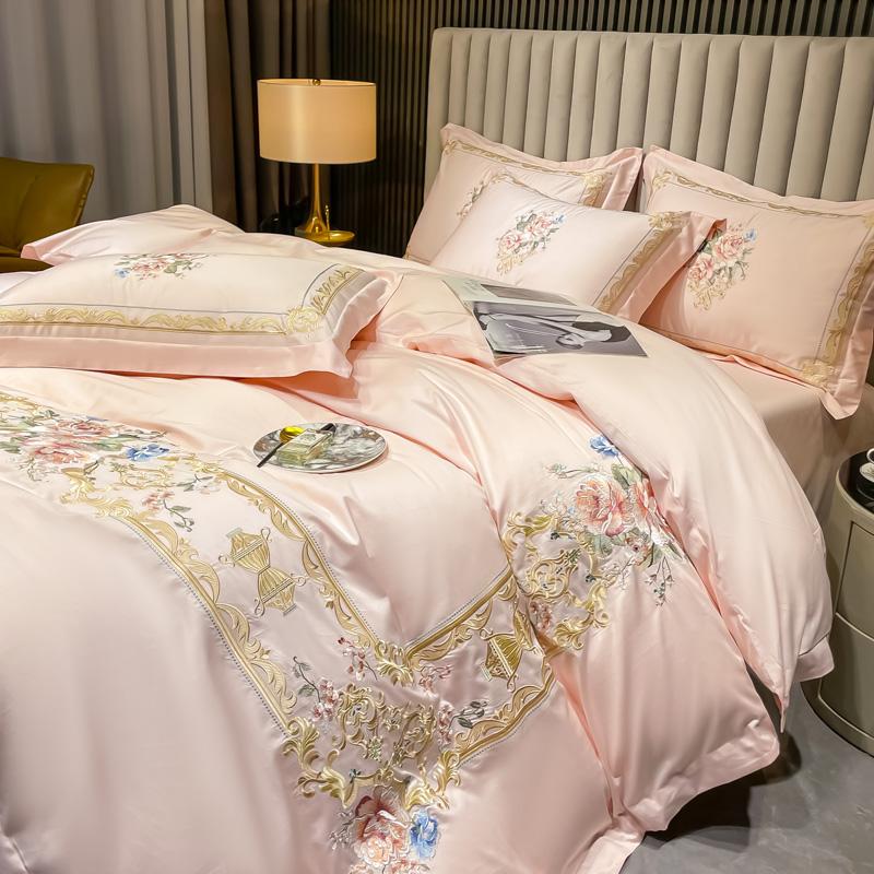 Kwiaty Haft Luksusowy Europejski Styl Pałacowy Zestaw Pościeli Egipska Bawełna Poszwa na Kołdrę Prześcieradło/Prześcieradło z Gumką Poszewki na Poduszki 4szt.
