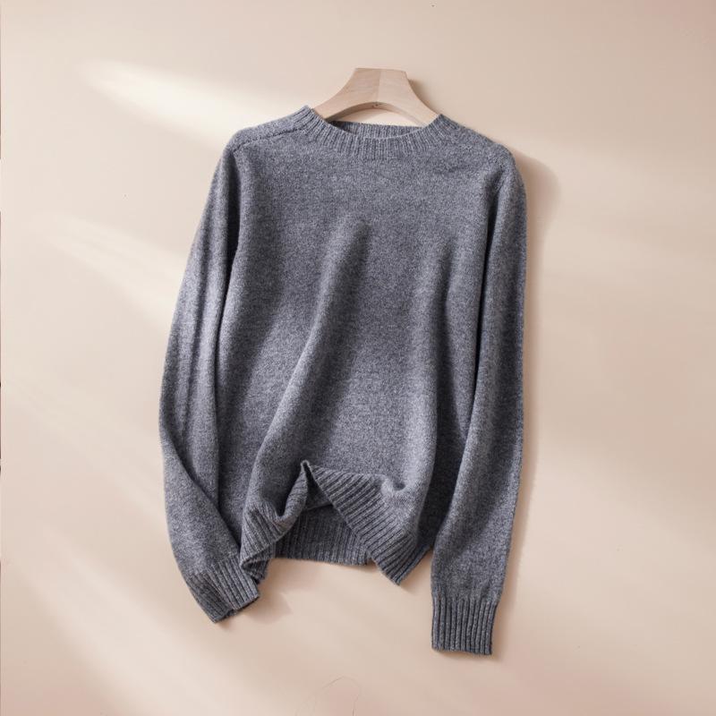 Warm Wool Cashmere Round Neck Sweater - Seamless Solid Color Loose Fit Pullover