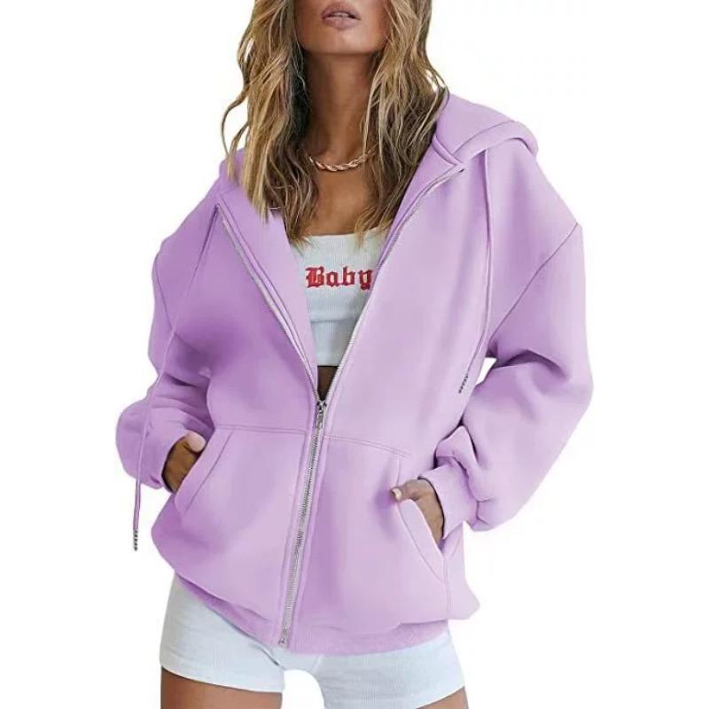 

Women s Daily Zipper Shirt Cardigan Hooded Sweater Solid Color Sportswear Spring and Autumn Thin Velvet Loose Jacket XS світло-фіолетового кольору