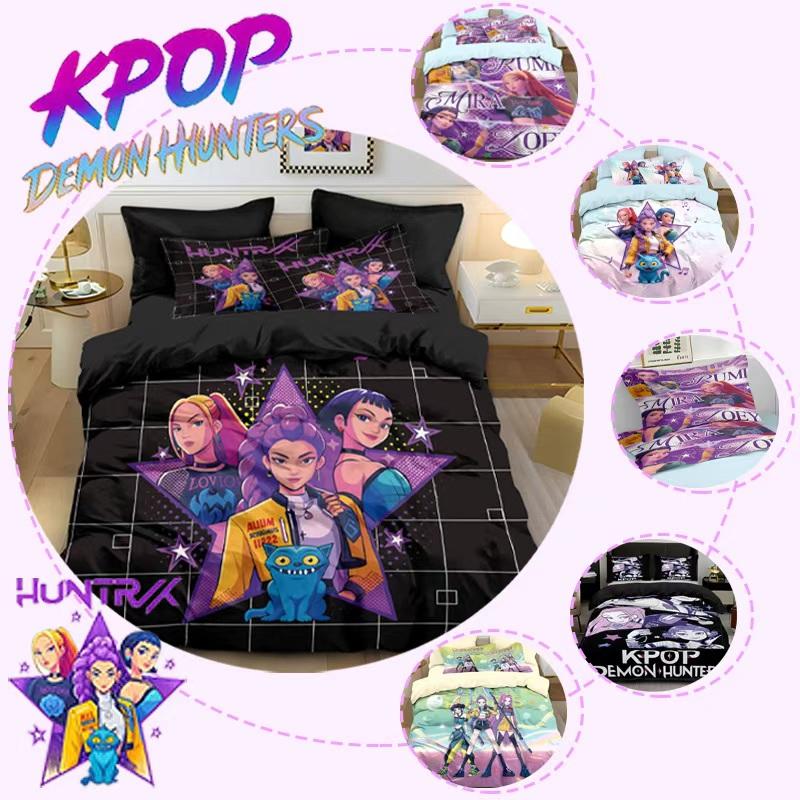 3pcs/set K-Pop Bedding Set Demon Hunters Colorful Print Polyester Student Dormitory Bed Sheet Duvet Cover Kid Gift Home Textile