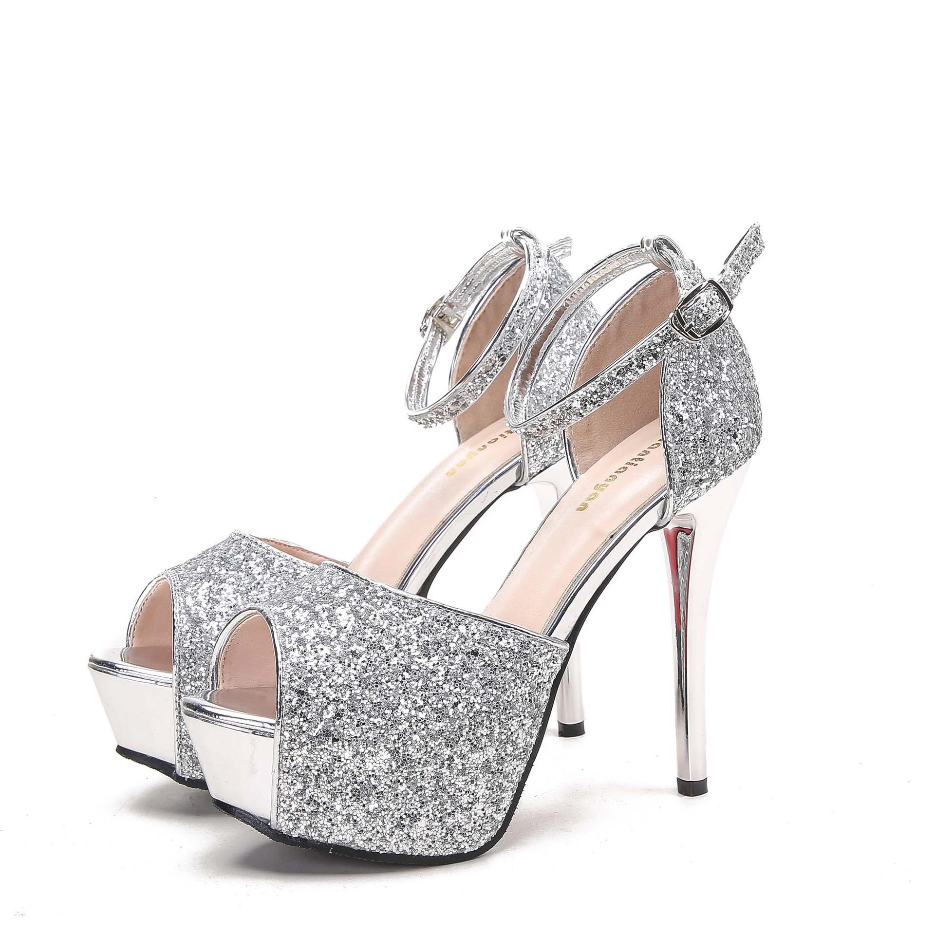

Chic Metal Sequin Stiletto Cutout Platform Sandals 40 срібний