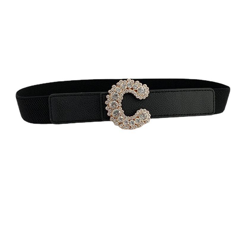 Womens Fashionable Faux Leather Elastic Waist Belt With Eyecatching Rhinestone Design