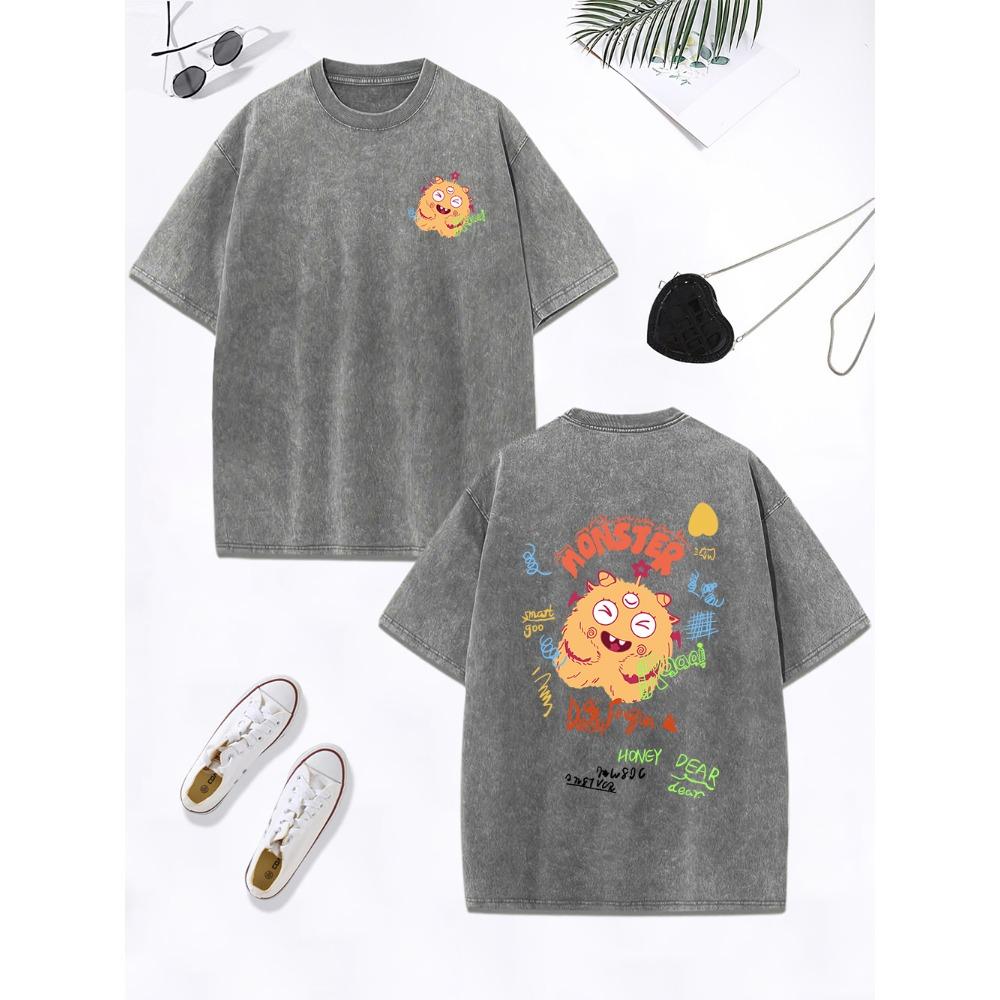 Cute Yellow Plush Little Monster Printing Washed T-Shirt Women Cotton Oversized Tops Distressed O-Neck T Shirt Clothes