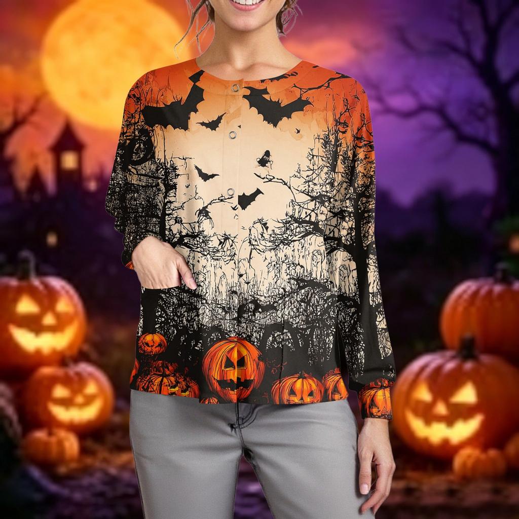 Women's Casual Long Sleeve Cardigan Button Down Lightweight Knit Halloween Printed Open Front Sweater Top for Caregivers and Everyday Wear