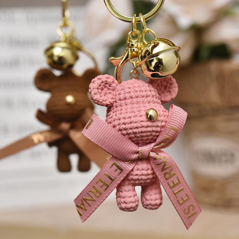 Cute Resin Woolen Little Bear Bow Rabbit Keychain Holiday Car Key Ring For Girls Creative Gift Weaving  Doll Bag Pendant