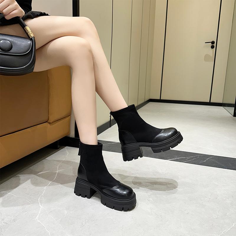2025 autumn new retro British Martin boots women's Korean version thick-soled thick-heeled short boots elastic thin boots women